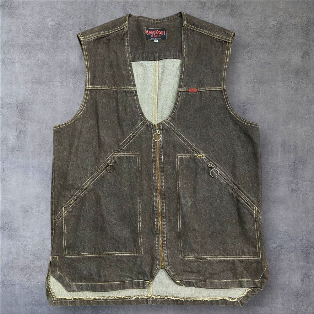 Knockout Jeans Streetwear Vintage 90s Baggy Full Zip Denim Brown Vest Mens M
